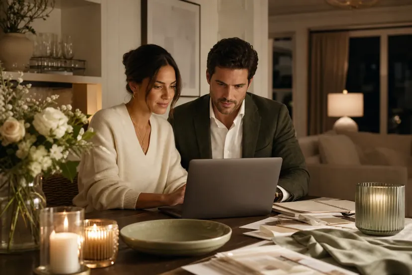 Busy couple organising wedding planning tasks with a weekly review on Sunday evening