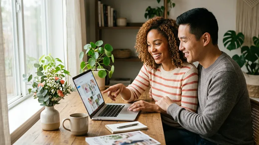 Couple planning their wedding step by step with laptop and notes at home