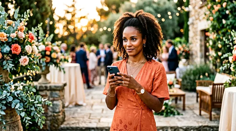 Guest reviewing a private wedding schedule on a smartphone outdoors
