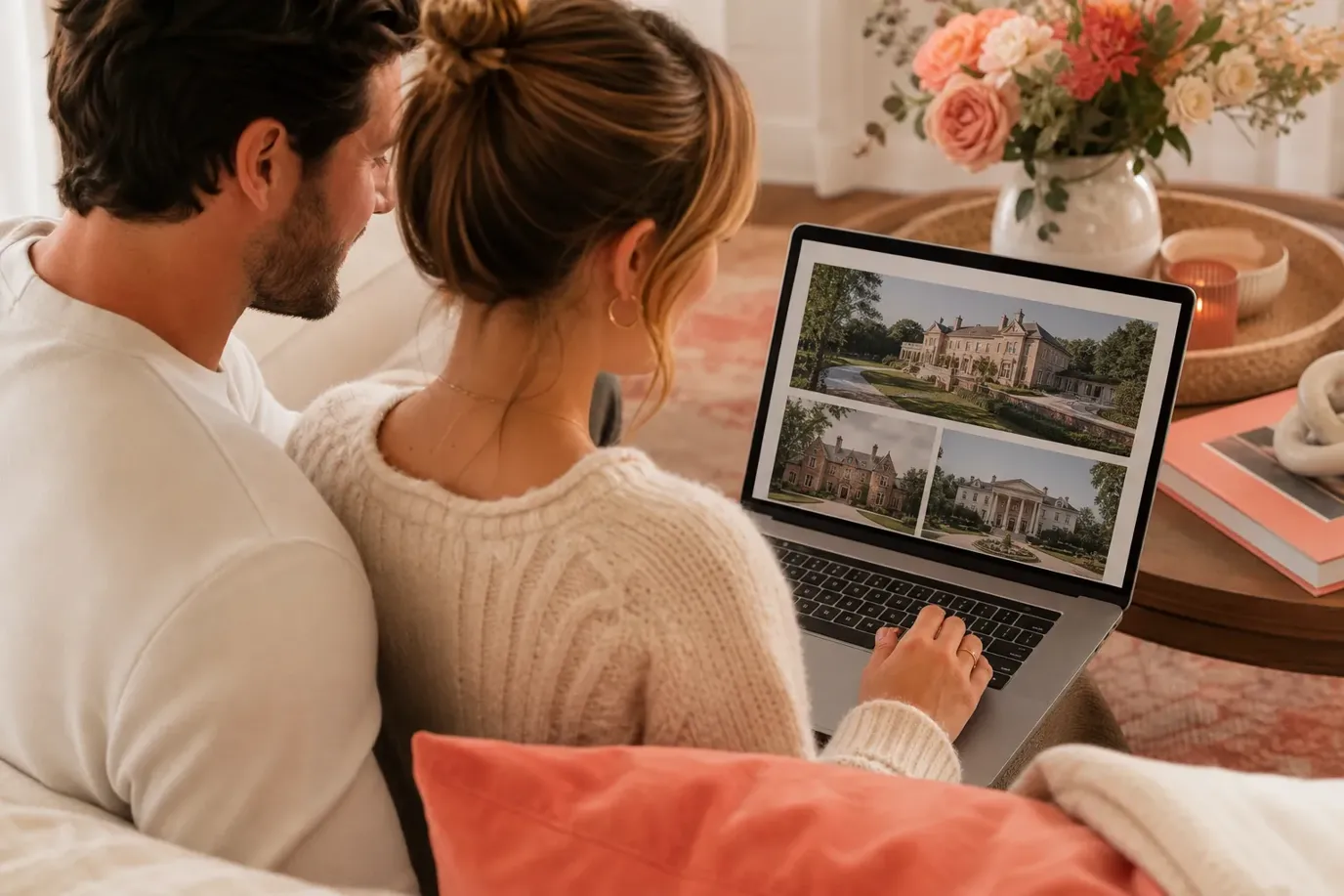 Couple comparing wedding venues on a laptop with a shortlist scorecard and notebook