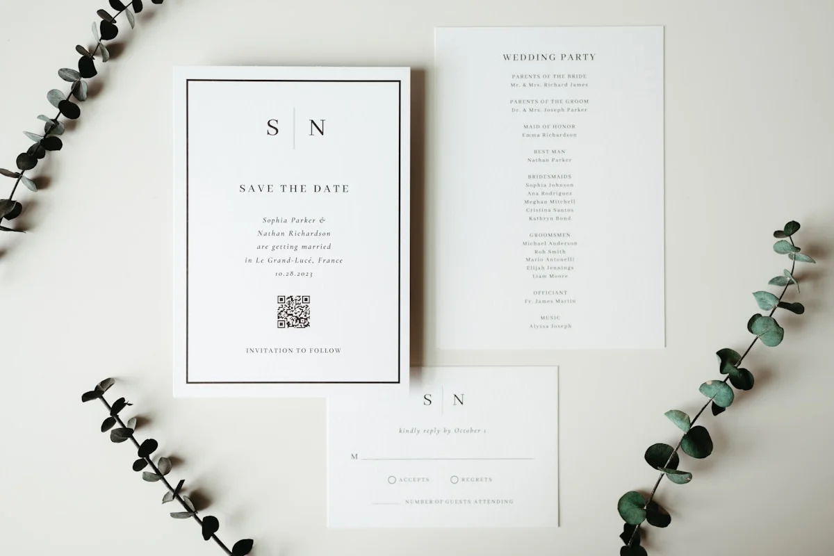 Wedding invitations and stationery with greenery, share your wedding website link with guests
