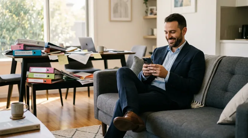 A relaxed groom looking at his phone with a smile, while a chaotic pile of paper plans sits ignored in the background.