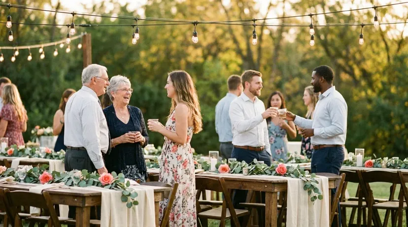Wedding guests mingling at an outdoor reception during golden hour