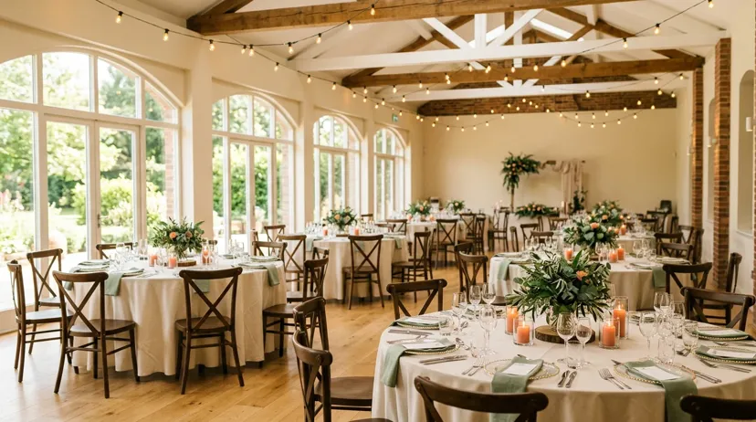 Bright event venue interior set for a celebration with tables and soft lighting