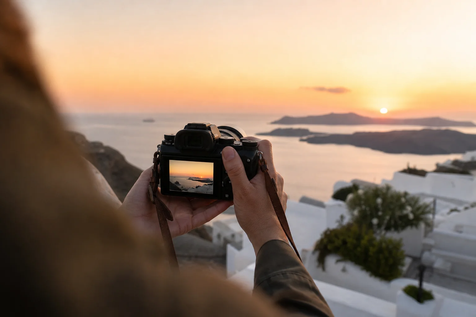 Wedding photographer composing a portrait at golden hour on a Cycladic clifftop venue